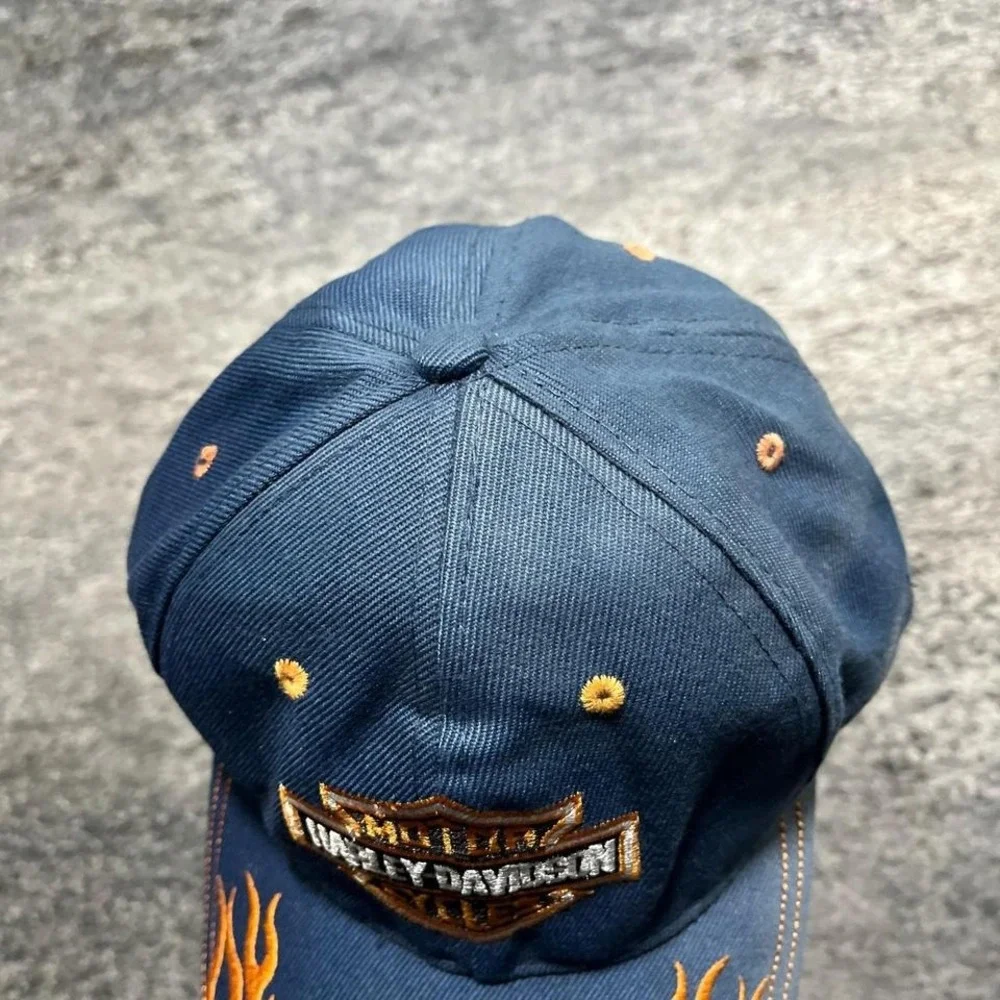 Vintage‎ Harley Davidson Hat Embroidered Flames Y2K Grunge Bike Blue Orange